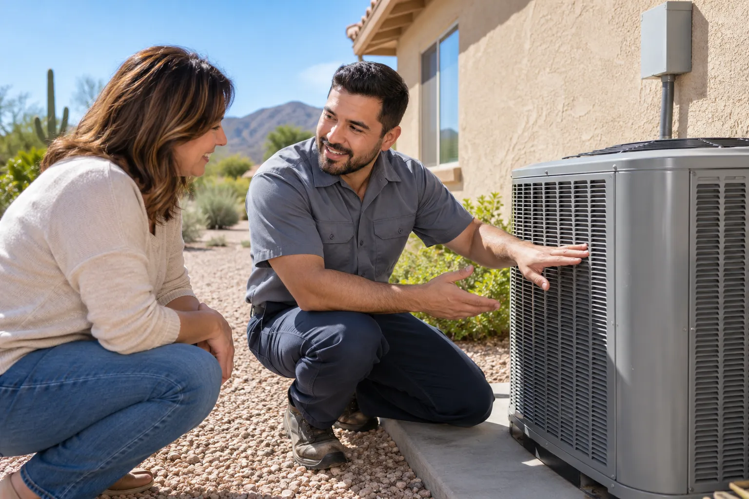A homeowner talking with an HVAC provider beside an outdoor air conditioner in Los Angeles
